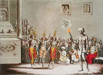Trzy Bałtoki świętują hinduskie święto Giolen-Giatrah, płyta 52 z „Le Costume Ancien et Moderne” Julesa Ferrario, wydana ok. 1820-30 (kolor litho)
