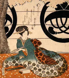 Beauty Viewing Flowers (kolorowy drzeworyt)