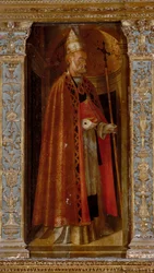 Poliptyk Narodzenia, panele boczne ze św. Piotrem, Pawłem, Klemensem i Magdeleną, fragment św. Klemensa