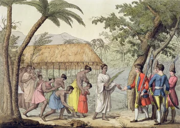 Kapitan Samuel Wallis (1728-1830) przyjmowany przez królową Obereę na wyspie Tahiti