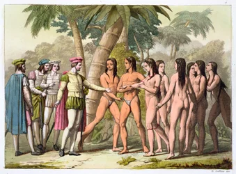Krzysztof Kolumb i Hernan Cortes otrzymują w prezencie rdzenną amerykańską dziewczynę, c1820-1839