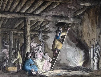 Wnętrze jurty na Kamczatce, ilustracja z „Le Costume Ancien et Moderne” Julesa Ferrario, wydanej w Mediolanie ok. 1820-30 (kolorowe grawerowanie)