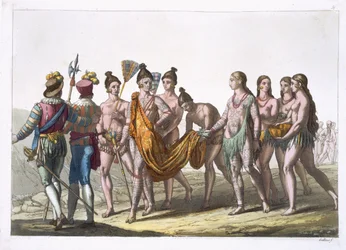 Native American Widows zwracają się do swojego szefa o pozwolenie na ponowne małżeństwo, płyta 57 z „Le Costume Ancien et Moderne” Julesa Ferrario, wydana ok. 1820-30