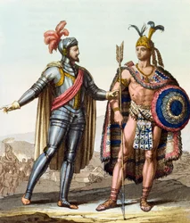 Spotkanie Hernána Cortésa (1485-1547) i Montezumy II (1466-1520) z dzieła „Le Costume Ancien ou Moderne” Julesa Ferraria, Mediolan, ok. 1820
