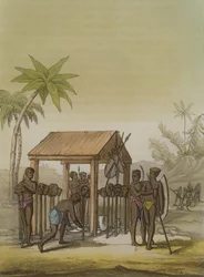 Grób królów Gwinei z głowami wotywnymi, płyta 33 z „Le Costume Ancien et Moderne” Julesa Ferrario, wydana ok. 1820-30