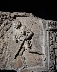 Art Gallo Romain: stela przedstawiająca gladiatora. 50 p.n.e.-100 n.e. Metz. Muzeum Sztuk Pięknych