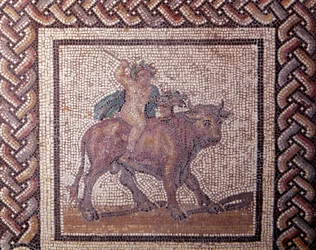 Sztuka gallorzymska: posadzka mozaikowa przedstawiająca kalendarz wiejski. Alegoria Wiosny jedzie na byku. Koniec II, początek III wieku n.e. Z Saint-Romain-en-Gal (Rodan). Saint-Germain-en-Laye, Narodowe Muzeum Archeologiczne