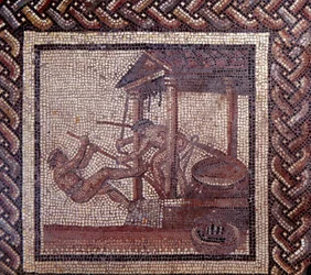 Sztuka galorzymska: mozaikowa posadzka przedstawiająca kalendarz wiejski. Prasa do oliwy. Koniec II, początek III wieku n.e. Z Saint-Romain-en-Gal (Rodan). Saint-Germain-en-Laye, Narodowe Muzeum Archeologiczne