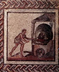 Sztuka galorzymska: mozaikowa posadzka przedstawiająca kalendarz wiejski. Scena wypieku chleba. Koniec II, początek III wieku n.e. Z Saint-Romain-en-Gal (Rodan). Saint-Germain-en-Laye, Narodowe Muzeum Archeologiczne