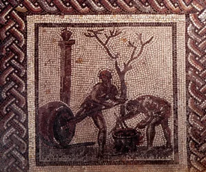 Gallo Roman Art: mozaika przedstawiająca rustykalny kalendarz. Słoik przedstawiający scenę. Koniec II, początek III wieku po JC. Z Saint-Romain-en-Gal (Rhone). Saint Germain en Laye, Narodowe Muzeum Archeologiczne