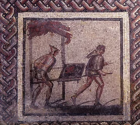 Sztuka galorzymska: mozaikowa posadzka przedstawiająca kalendarz wiejski. Scena transportu obornika. Koniec II, początek III wieku n.e. Z Saint-Romain-en-Gal (Saint Romain en Gal, Rodan). Saint-Germain-en-Laye, Narodowe Muzeum Archeologiczne
