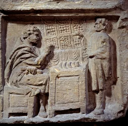Art Gallo Romain: piekarnia. Klient kupuje chleb od piekarza. Metz, Musee des Beaux Arts.