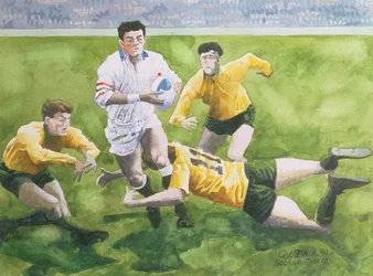 Mecz rugby: Anglia – Australia w finale Pucharu Świata, 1991, walka z Willem Carlingiem (mc)