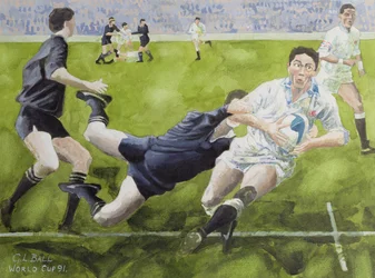 Mecz rugby: Anglia - Nowa Zelandia w Pucharze Świata, 1991, walka z Rory Underwood (mc)