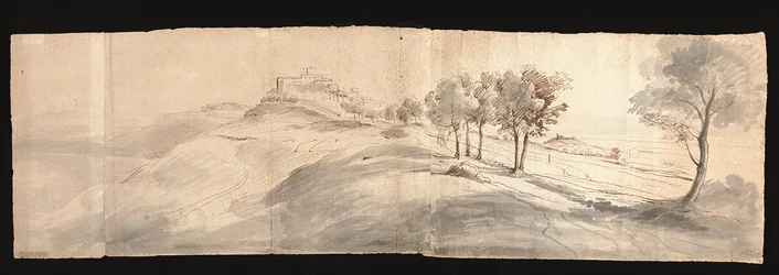 Widok rzymskiego krajobrazu w pobliżu Castel Gandolfo (czarna kreda, pióro i brązowy tusz, szare pranie/papier)