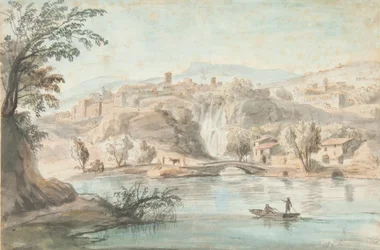 Krajobraz w Tivoli, 1701-10 (długopis, brązowy tusz i kolorowe rozmycia na papierze)