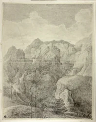 Krajobraz górski z dwiema postaciami na pierwszym planie