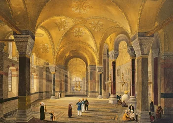 Hagia Sophia, tablica 12: Galeria Meme w południowo-zachodnim narożniku, sztychowana przez Louisa Haghe (1806-85) wydana w 1852 r.