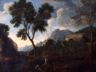 Łowcy w dolinie, Gaspard Dughet (1615-1675), olej na płótnie, 56x67 cm.