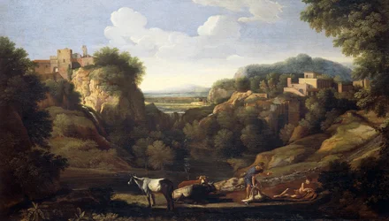 Pejzaż włoski przedstawiający scenę polowania, autorstwa Gasparda Dugheta (1615-1675)