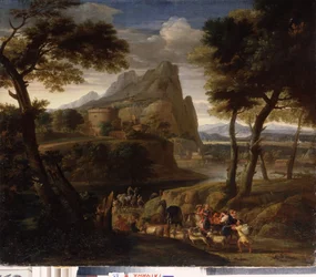 „Pejzaż z grupą podróżników” (Pejzaż z karawaną) Obraz Gasparda Dugheta (1615-1675) XVII-wieczny Państwowy Skansen Pałac Gatchina, Sankt Petersburg