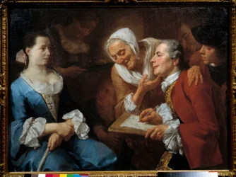 Malarz i jego modelka, a za nim stara kobieta wyciąga szyję, by przyjrzeć się rysowaniu. Obraz Gaspare Traversi (1732-1769) 1754 Nd. 0,99x0,73 m²