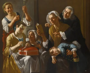 La lecon de couture - Lekcja szycia par Traversi, Gaspare (1732-1769). Olej na płótnie, format : 131x158, ok. 1760, Kolekcja prywatna