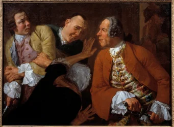 Walka między panami. Obraz Gaspare Traversi (1732-1769) XVIII w. Słońce. 0,99x0,73 m²