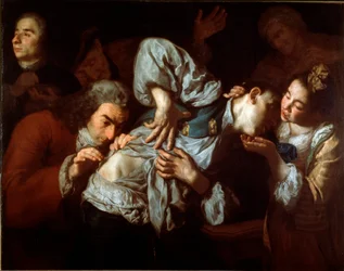 Rany Ranny mężczyzna jest badany przez lekarza i uspokaja przez młodą kobietę. Obraz Gaspare Traversi (ok. 1722-1770). ok. 1752 r. Słońce. 100x127 cm Galleria dell