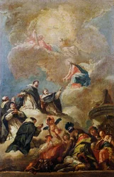Dominikańscy święci w chwale, ok. 1750 r., pędzl: Gaspare Diziani (1689-1767), olej na płótnie, 64x42 cm, szkic sklepienia kościoła św. Bartłomieja w Bergamo