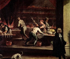 Weneccy kucharze pracujący w kuchni Szczegół - Obraz przypisywany Gaspare Diziani (1698-1767), chorąży sztuki kucharskiej (Arte dei cuochi) Wenecja, Museo Correr