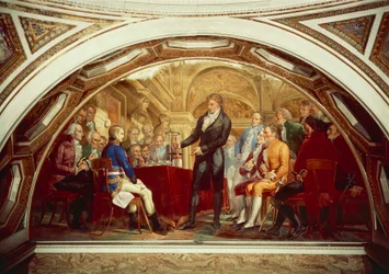 Alessandro Volta (1745-1827) prezentujący swoją nowo wynalezioną baterię Napoleonowi (1769-1821) w Institut de France w Paryżu, 7 listopada