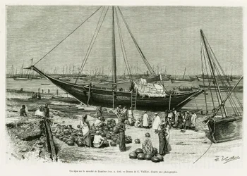 Tepe na targu Zanzibar (Tanzania). Grawer G. Vuillier, aby zilustrować historię Podróż wśród Benadirów, Somalijczyków i Bajoun, w 1882 i 1883, autorstwa G. Revoil, in le tour du monde 1888, reżyseria Edouard Charton (1807-1890), Hachette, Paryż.