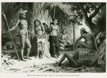 Biwak i rodzaje Płuc w lesie. Grawer G. Vuillier, ilustrujący historię De Koutei a Bandjirmasin, podróż przez Borneo, Carla Bocka, in le tour du monde 1890, reżyseria Edouard Charton (1807-1890), Hachette, Paryż.