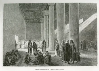 Wewnątrz pałacu emira Muhammada Ibn Abdullaha Al Rashida (1872-1897), w Hail, Arabia Saudyjska. Grawer G.Vuillier, ilustrujący historię „”Pelerinage au Nedjed, kolebka rasy arabskiej””, autorstwa Lady Anny Blunt, w latach 1878-1879, opublikowany w Tour du 