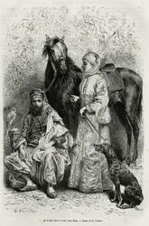 Portrety Wilfrida Blunta (1840-1922), poety i pisarza, oraz jego żony, Lady Anny Blunt (z domu King Noel (King Noel) 1837-1917), pierwszej Europejki, która zwiedziła Bliski Wschód, ubrana w podróżny garnitur , przed jednym z koni arabskich w ich stajniach