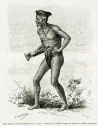 Sibou Mobang, wódz kanibali. Rycina G. Vuilliera ilustrująca relację De Koutei a Bandjirmasin, podróż przez Borneo, autorstwa Carla Bocka, w Le Tour du Monde, 1890, pod redakcją Edouarda Chartona (1807-1890), Hachette, Paryż.
