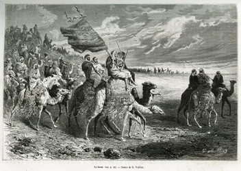 Berak, flaga emira Ibn Al Rashida (1872-1890) (Arabia Saudyjska). Grawer G.Vuillier, ilustrujący historię „”Pelerinage au Nedjed, kolebka rasy arabskiej””, autorstwa Lady Anny Blunt, w latach 1878-1879, opublikowany w Tour du monde, pod kierunkiem