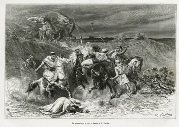 Ghazou, czyli razzia, plądrują ręką. Grawer G.Vuillier, ilustrujący historię „”Pelerinage au Nedjed, kolebka rasy arabskiej””, autorstwa Lady Anny Blunt, w latach 1878-1879, opublikowany w Tour du monde, pod kierownictwem Edouarda Chartona (1807-