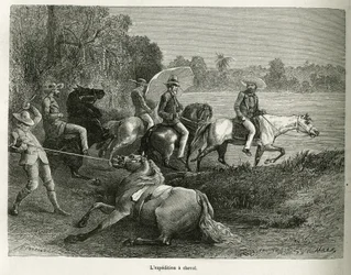Wyprawa konna w celu eksploracji doliny Terable, rycina wg rysunku G.Vuilliera, ilustrująca opowiadanie De Cayenne aux Andes, autorstwa Julesa Crevaux, doktora marynarki francuskiej, w latach 1878-1879, opublikowanej w tournée du monde, unde