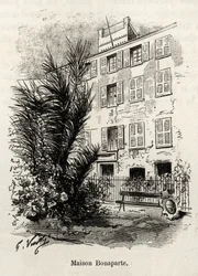 Fasada domu Bonaparte, w którym nie ma Napoleona Bonaparte (1769-1821). Grawer i opowiadanie „La Corse” Gastona Vuilliera (1845-1915), w 1890 r. w Le tour du monde, nouveau journal des voyages, pod kierunkiem Edouarda Chartona (1807-189)