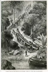 Tragging kajaki w Innkissi Falls (lub Livingstone Falls) (Kongo), pod kierunkiem Sir H.M. Stanleya (1841-1904), rys. G.Vuillier, aby zilustrować historię „Przez tajemniczy kontynent” – podróż odbytą w latach 1874 -1877, przez Sir H.M. Stanleya. mi