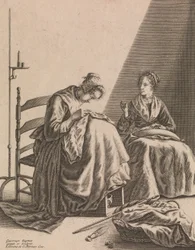 Szycie dwóch kobiet, płyta 1 z pięciu kobiecych zawodów, ca. 1640-57.
