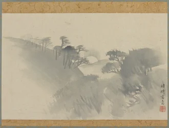 Krajobraz ze wzgórzem, drzewami i wschodem księżyca, okres Edo, 1747-1868.