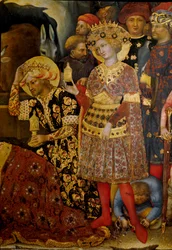 Ołtarz Pokłon Trzech Króli (Pala Strozzi) Detal przedstawiający dwóch królów. Obraz Gentile da Fabriano (Gentile di Niccolo) (1370-1427) 1423 Nd. 173x220 cm. Tempera na drewnie. Florencja, Galleria degli Uffizi (Uffizi)