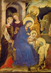 Jeden z Trzech Króli klęczy przed Dzieciątkiem, korona królewska na ziemi (tempera na drewnie)