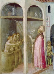 Święty Mikołaj wskrzesza troje dzieci wrzuconych do kadzi z solanką, detal predelli Ołtarza Quaratesi, 1425