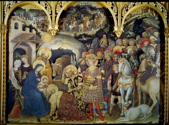 Adoracja Trzech Króli z Detrempe na drewnie przez Gentile da Fabriano (1370-1427) 1423. Nd. 3x2,8 m Florencja, galeria Uffizi.