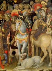 Pokłon Trzech Króli, detal jeźdźców, koni i psa, 1423 tempera na panelu