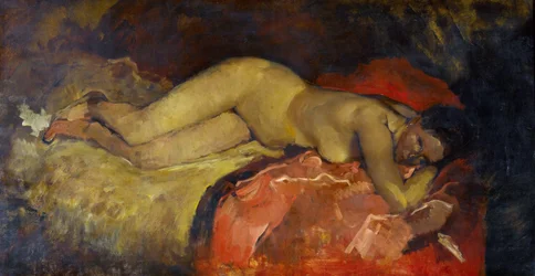 ""Nu lange"" (Leżący akt) Obraz George Hendrik Breitner (1857-1923) - ca 1887 - Olej na płótnie - Dim 134x224,5 cm Gemeentemuseum Den Haag (Haga) Holandia
